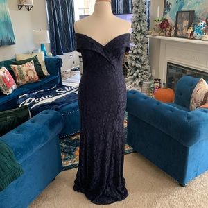 Xscape Lace Off the Shoulder Floor Length Gown